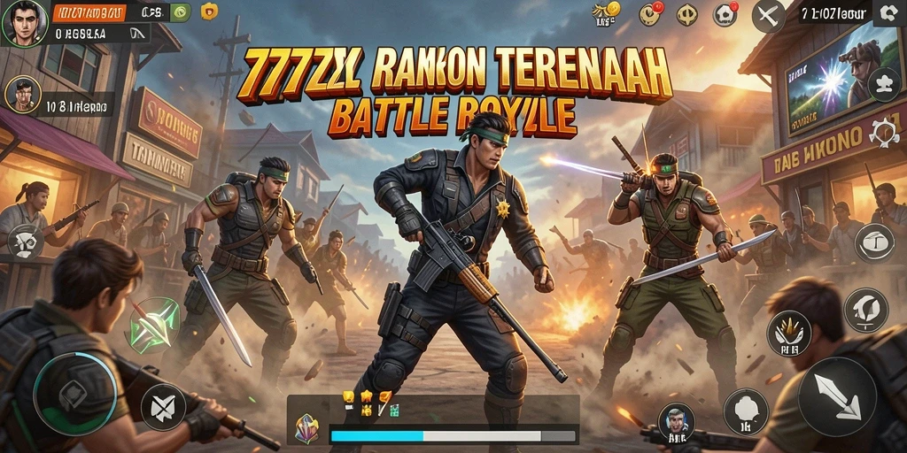 Screenshot utama 777ZX menunjukkan aksi intens dalam permainan Battle Royale.