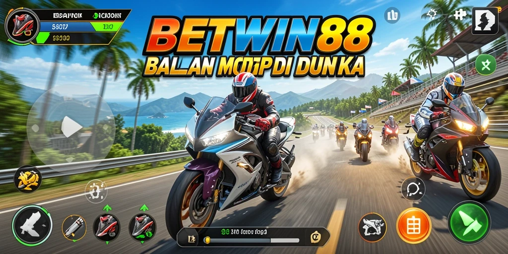Gameplay seru BETWIN88 dengan motor balap dan lintasan menantang.