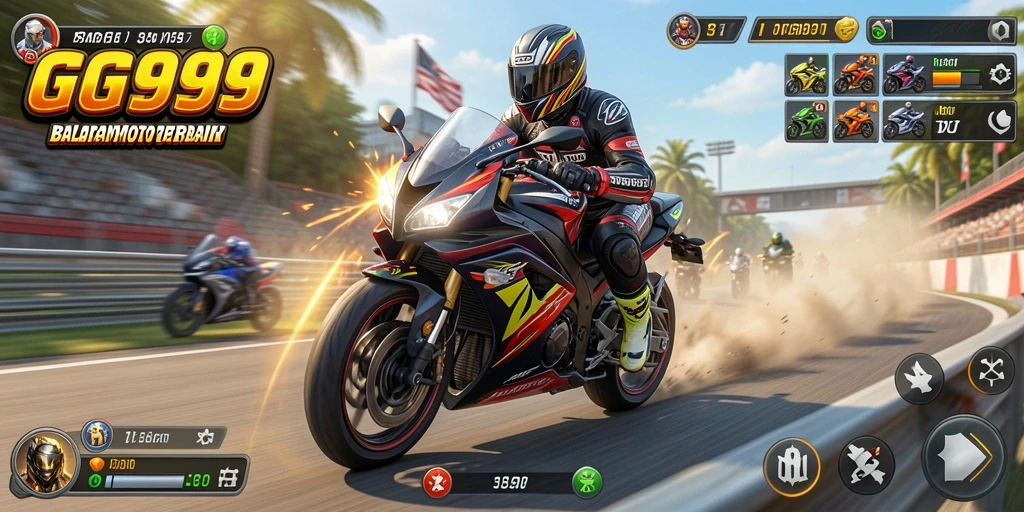 Screenshot gameplay GG999 menampilkan balapan motor yang mendebarkan.