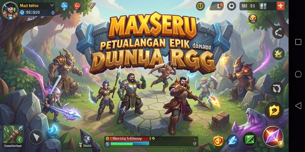 Screenshot gameplay MAXSERU menampilkan pertarungan epik antara pahlawan dan monster.