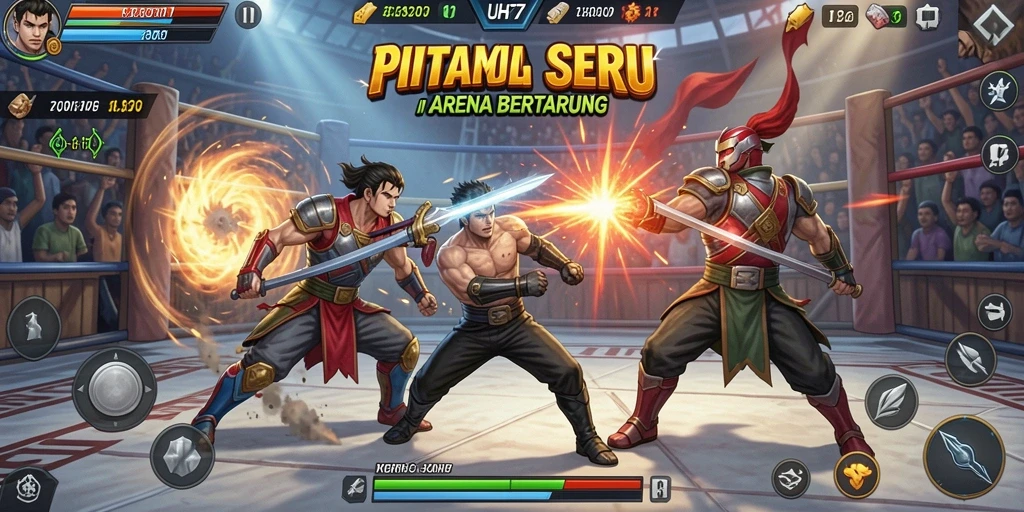 Screenshot UH77 menampilkan pertarungan epik antara karakter di arena yang berwarna-warni.
